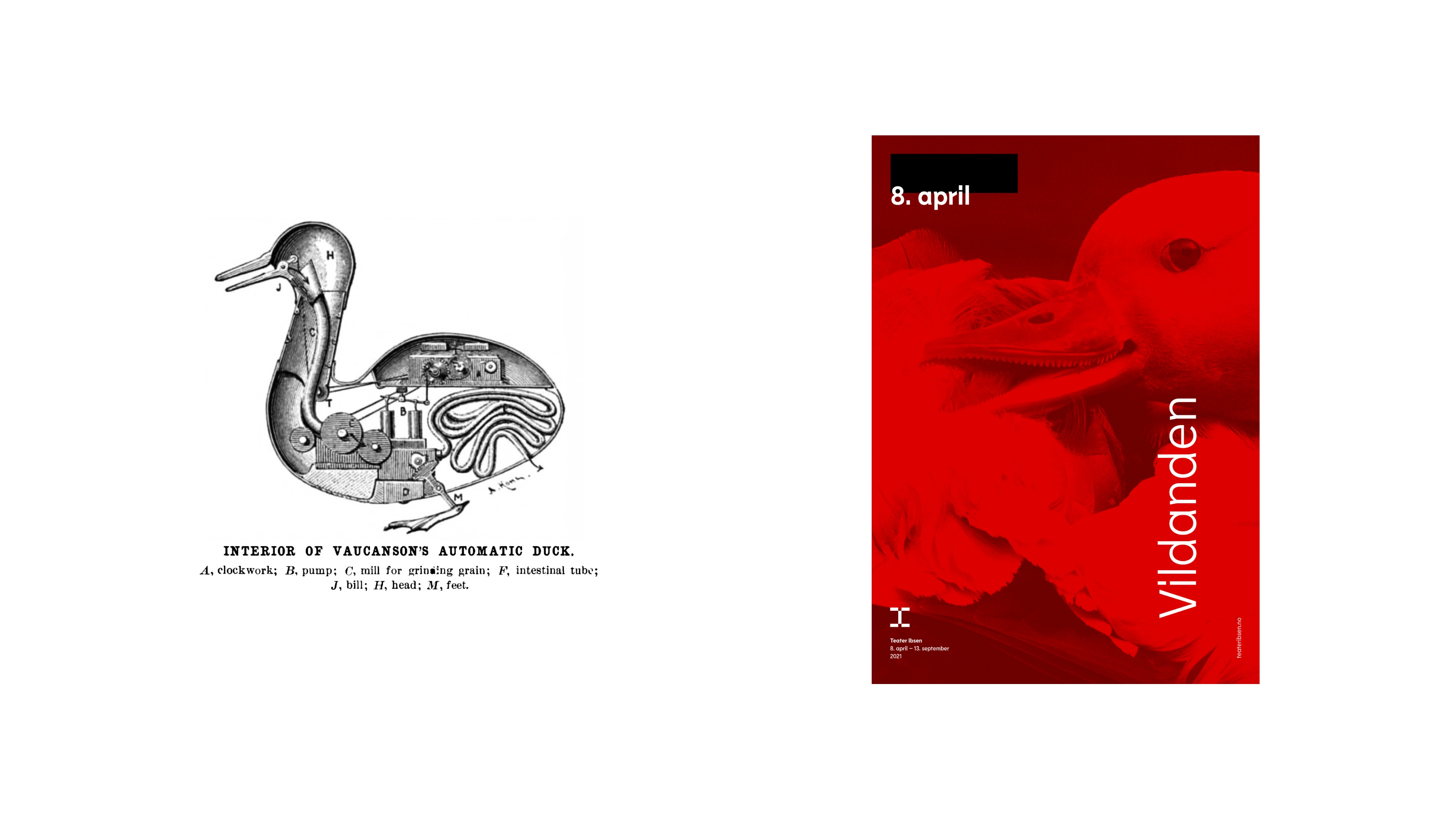Tegning av mekanisk fugl i sort/hvitt. "Interior of Vaucansons automatic duck" til venstre. Rød plakat for Vildanden produksjon til høyre..
