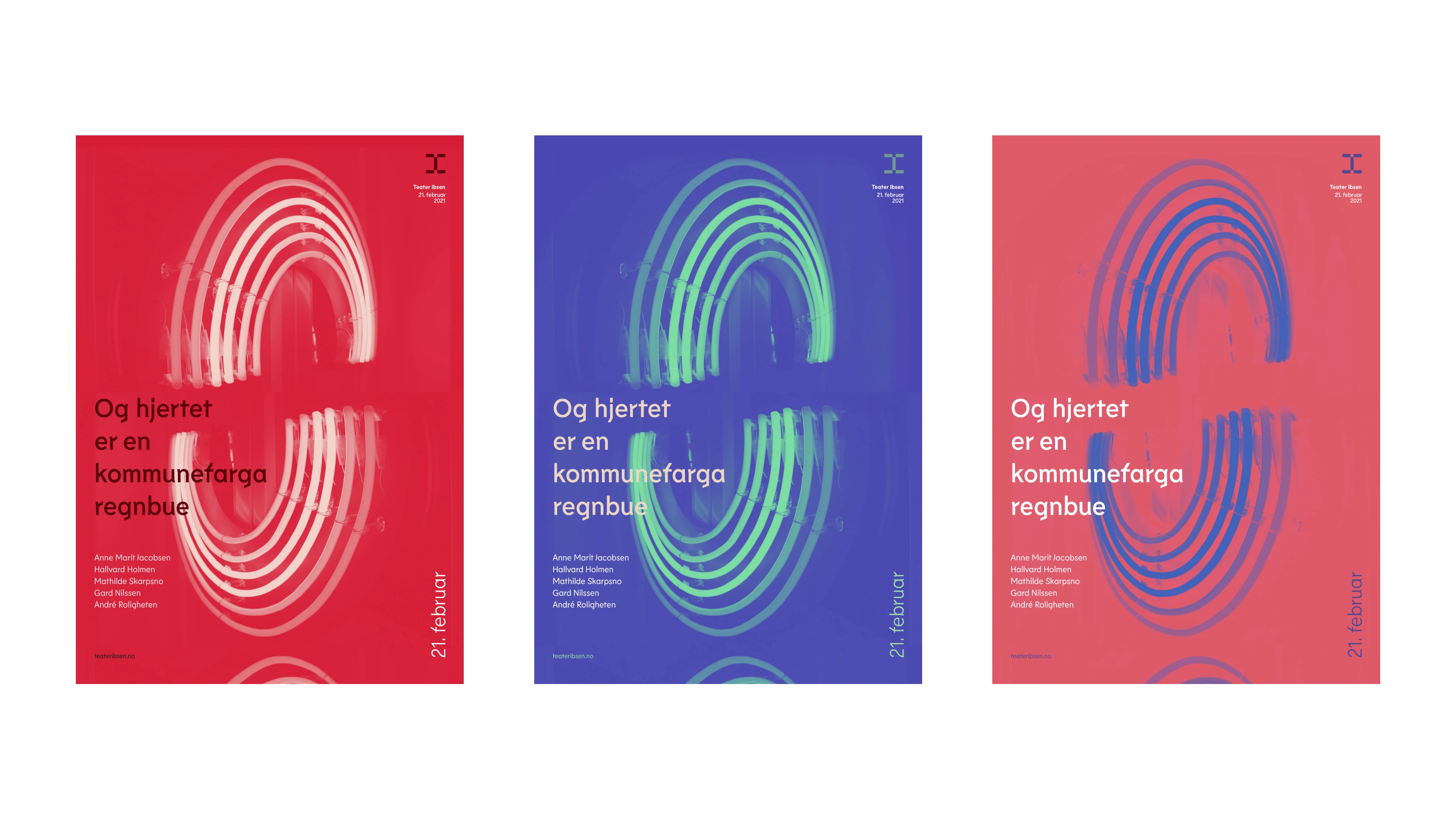 "Og hjertet er en kommunefarga regnbue". Plakat i ulike fargekombinasjoner