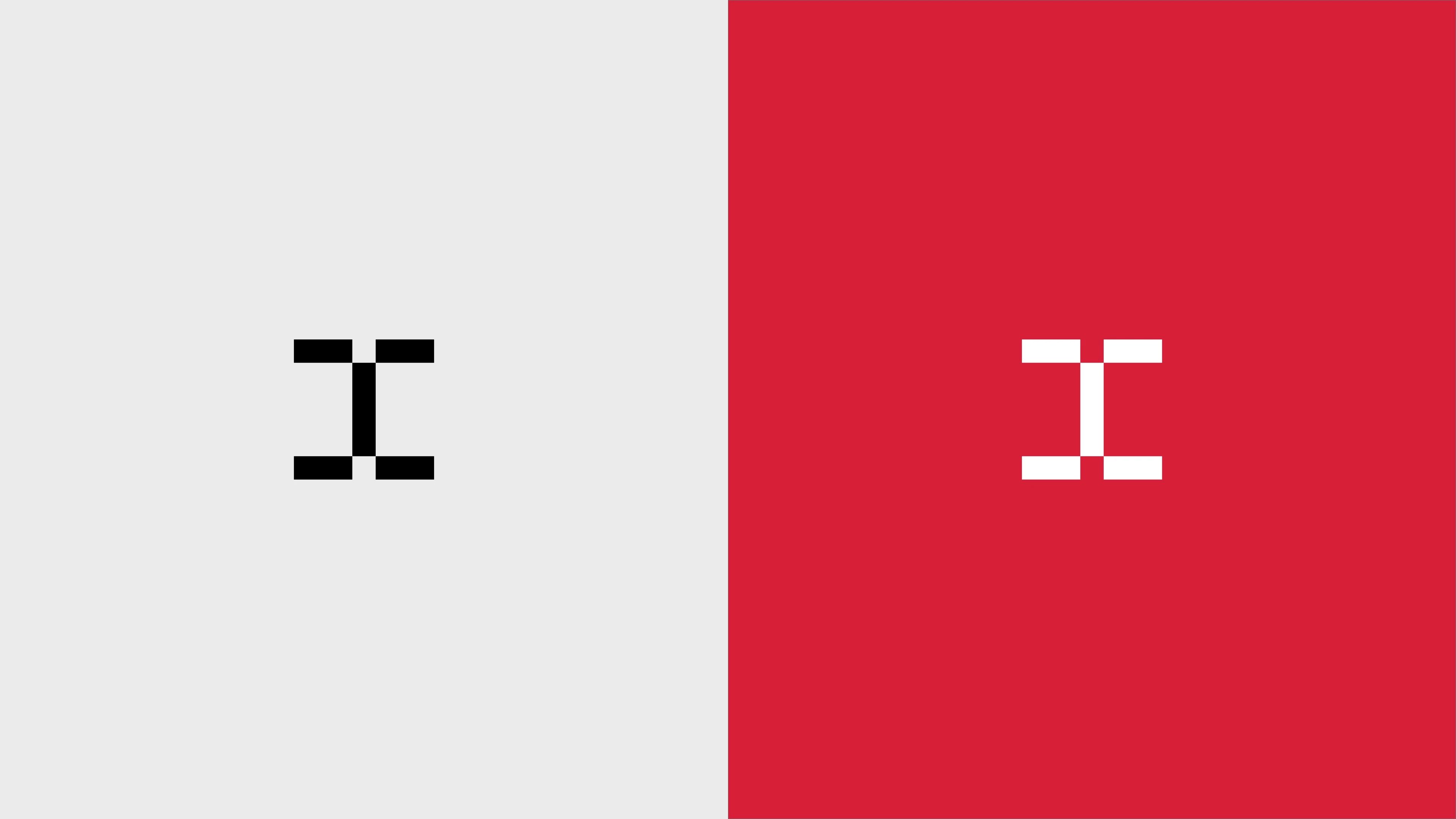 Eksempel på fargekombinasjoner ved bruk av monogram. Svart på hvitt, og hvitt på rødt.